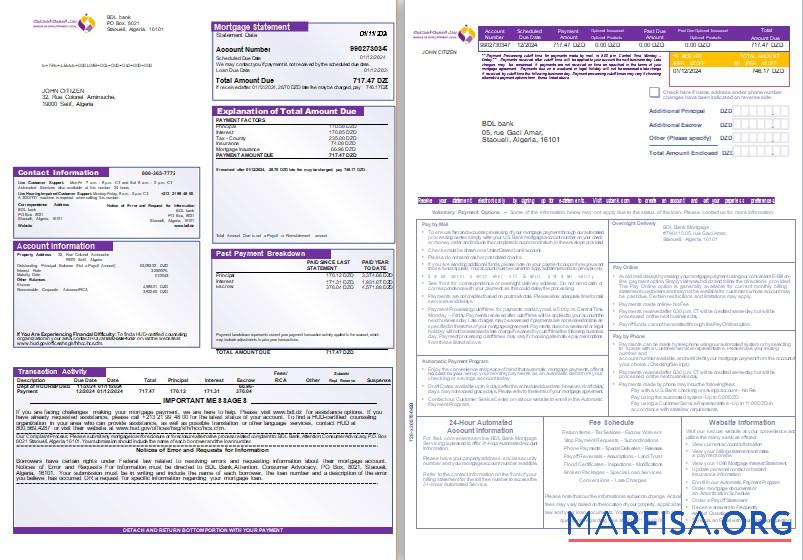 Realistic Algeria BDL bank mortgage statement, 3 pages 1 2 scr sample